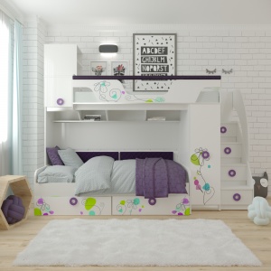 Кровать-чердак Цветы-4 + кровать Цветы-6