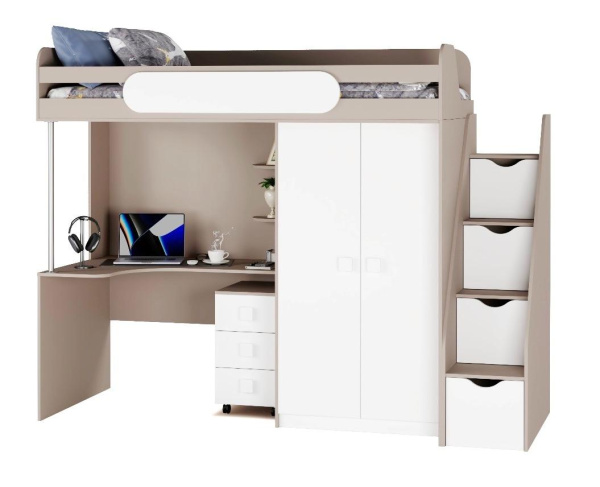 Кровать-чердак Колледж-2 (велюр + белый) 200х90 