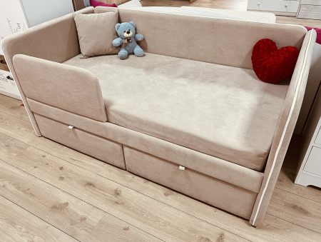 Мягкая кровать Эрмика 80х160 с ящиками. Велюр Тедди 304 (бежевый) от Династия Kids