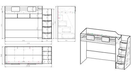 Комплект мебели: кровать-чердак Лайт Лофт + кровать Умка + стеллаж  от Династия Kids