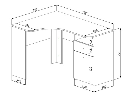 Стол угловой Умка NEW (1160 мм). Ручки - дуб от Династия Kids