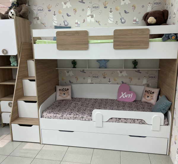 Кровать-чердак Мозаика + кровать Двушка (цвет белый) 190х90  от Династия Kids