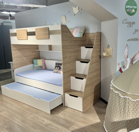 Кровать-чердак Мозаика + кровать Двушка (вяз швейцарский) 190х90 от Династия Kids