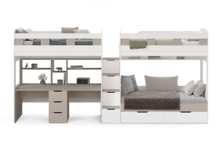 Кровать 3-х ярусная Квартет + стол для 2 детей (велюр + белый)