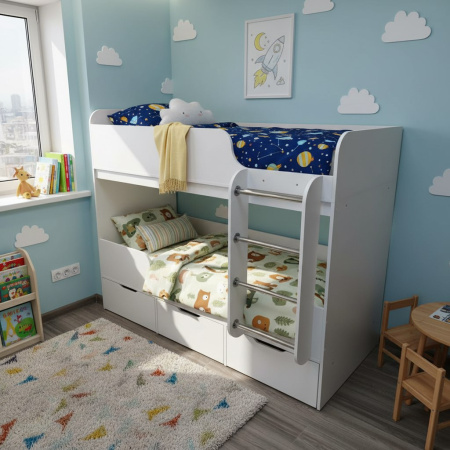 Кровать 2-х ярусная Малыши Двойняшки 180х80 (дуб золотистый + белый) от Династия Kids