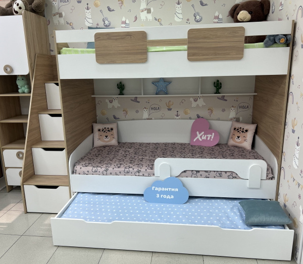 Кровать-чердак Мозаика + кровать Двушка (цвет белый) 190х90 