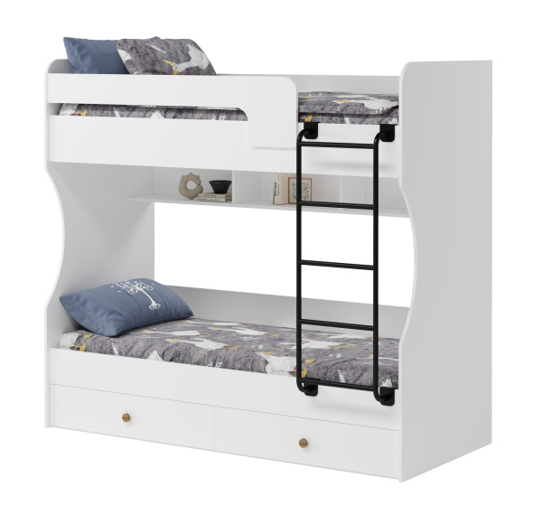 Кровать 2-х ярусная Омега (цвет белый + лестница черная) 190х80