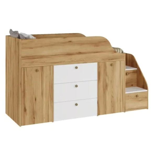 Кровать-чердак Хэппи-2 (дуб золотистый + белый) 180х80